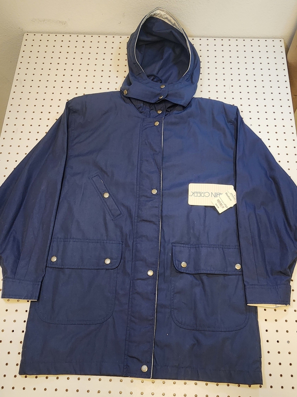 NWT Cabin Creek Womens Medium Navy Blue Rain Coat Jacket Detachable Hood Snap M